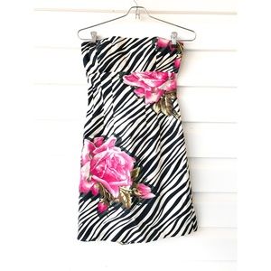BETSEY JOHNSON Strapless Corset Zebra Floral Dress